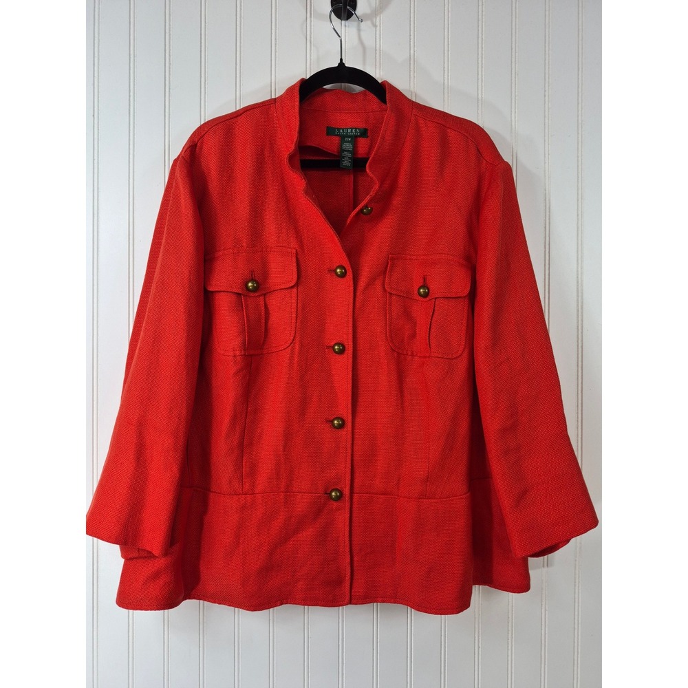 Lauren RL Womens Orange Red 100% Linen Military Peplum Jacket 22W Brass Buttons